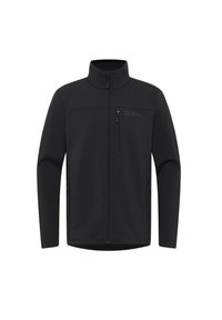 Schwarze Softshelljacke mit Stehkragen, Frontreißverschluss und zwei Seitentaschen. Verfügt über ein dezentes Logo im linken Brustbereich. Glatte Textur.
