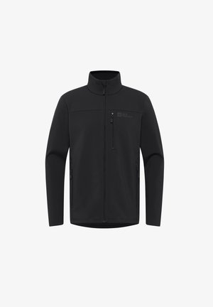 Giacca softshell nera con colletto alto, zip frontale e due tasche laterali. Presenta un logo discreto nella zona sinistra del petto. Tessuto morbido.