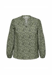 Blusa verde con scollatura a V e maniche lunghe elasticizzate. Presenta un motivo a macchie di leopardo nero sparso. Tessuto morbido.