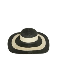 Szeroki kapelusz z plecionego czarno-kremowego słomkowego materiału, z warstwowym wzorem i naprzemiennymi kolorowymi paskami oraz okrągłym czubkiem.