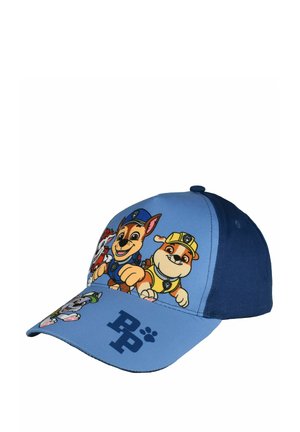 Blue children's cap featuring characters from Paw Patrol, including Chase, Rubble, and Marshall, with "PP" and a paw print on the brim.