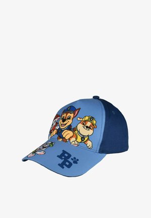 Cappellino blu per bambini con i personaggi di Paw Patrol, tra cui Chase, Rubble e Marshall, con "PP" e un'impronta di zampa sulla visiera.