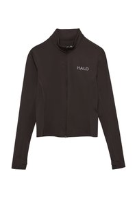 Svart kortärmad träningsjacka, tillverkad av stretchigt material, har hög krage, hel dragkedja och "HALO"-logotyp i grått på bröstet.