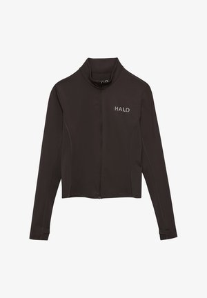 Schwarze, kurzgeschnittene Sportjacke aus dehnbarem Material, mit hohem Kragen, durchgehendem Reißverschluss und grauem "HALO"-Logo auf der Brust.