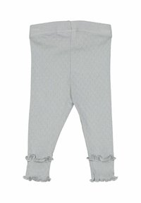 Lichtgrijze leggings van textuurstof, met een ruffles aan de onderkant van de enkels en een elastische tailleband voor comfort.