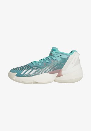 Zapatilla deportiva en color azul verdoso y blanco con parte superior de tejido de punto, cordones azul verdoso, suela blanca y texto "MITCHELL" en el contrafuerte del talón.