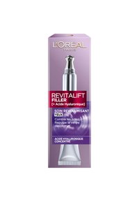 Revitalift filler dans une boîte violette et argentée avec un applicateur en métal. Le texte met en avant l'acide hyaluronique pour le comblement des rides et le volume.