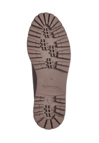 Suola in gomma marrone con motivo a trama texturizzata, caratterizzata da scanalature profonde e un logo. Taglia 37 indicata sulla parte interna della suola.