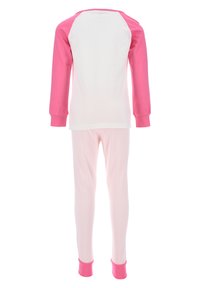 Long-sleeve pajama set featuring a white body and pink raglan sleeves. Pink fitted pants with ribbed cuffs. Soft cotton fabric. Simple design.