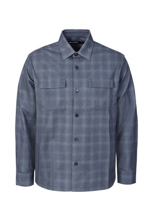 Overhemd met lange mouwen met knopen in blauwgrijze ruiten, met puntige kraag en twee klepzakken aan de voorkant.