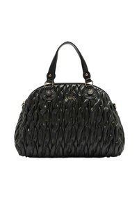 Zwarte handtas met een getextureerd, golvend ontwerp. Voorzien van dubbele handvatten, goudkleurige hardware en een ritssluiting. Gemaakt van synthetisch materiaal.