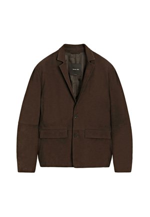 Brauner Baumwollmix-Blazer mit Reverskragen, Ein-Knopf-Verschluss, zwei vorderen Taschen und glatter Textur. Minimalistisches Design.