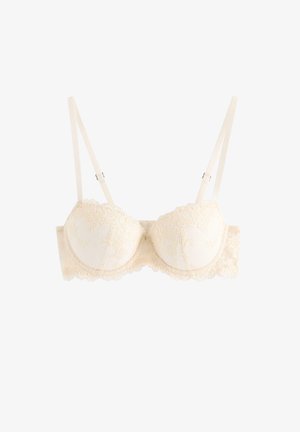 Cremefarvet blonde-bh med bøjle, justerbare tynde stropper og blomsterbroderi, designet til støtte og et delikat udseende.