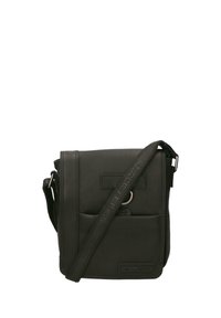Borsa a tracolla in pelle nera con forma rettangolare, pattina anteriore, tracolla regolabile e due tasche esterne. Finitura texture con dettagli di branding.