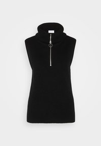 Schwarzer ärmelloser Rollkragenpullover aus geripptem Stoff, mit einem silbernen Reißverschluss und rundem Ziehgriff. Schlichtes und figurbetontes Design ohne zusätzliche Muster.