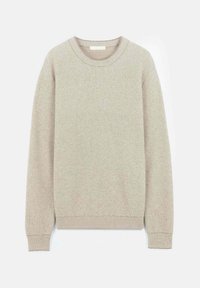 Beiges Strickpullover mit einem strukturierten Muster, rundem Ausschnitt und langen Ärmeln. Verfügt über gerippte Bündchen und einen gerippten Saum für zusätzliche Details.
