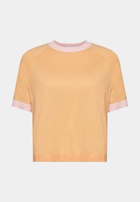 Kortærmet cropped sweater i lys orange med en lyserød elastisk halsudskæring og manchetter, lavet af blødt og let materiale med en glat overflade.