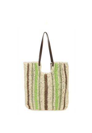 Borsa tote tessuta con strisce verticali crema, verdi e marroni e due manici lunghi marrone scuro.