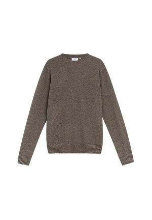 Brown sweater made of textured knit fabric, featuring a crew neckline and ribbed cuffs and hem. Classic pullover design with long sleeves.