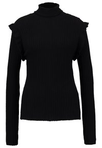 Svart ribbat polokrage tröja med långa ärmar och volangdetaljer på axlarna. Tillverkad av stretchigt material för komfort och en figurnära passform.