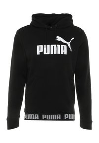 Sudadera negra hecha de una mezcla de algodón, con un logo blanco de Puma en el pecho y una banda patterned en el dobladillo con el texto "PUMA".