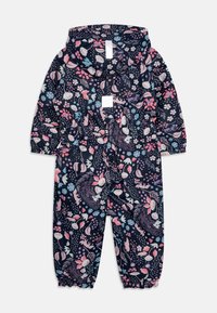 Navyblauw een-delig sneeuwpak voor kinderen met roze, witte en lichtblauwe bloemen- en dierenpatronen, elastische manchetten, capuchon en reflecterende patches.