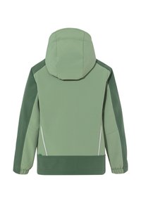 Groene jas met een capuchon, met een gladde textuur, contrasterende groene paneelaccenten en reflecterende details langs de zijkanten.