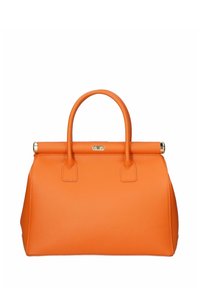 Oranssi nahkainen käsilaukku, jolla on rakenteellinen muoto, kaksoiskahvat ja kultasävyinen solki. Täysin sileä pinta, jossa on vain vähäisiä yksityiskohtia.