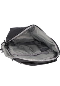 Schwarzer Rucksack mit grauem Innenraum, ausgestattet mit einem Reißverschluss und gepolsterten Fächern zur Organisation. Weiche Textur mit einfachem Design.
