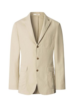 Beige miesten bleiseri, jossa on kolme ruskeaa nappia, lovikaulus, yksi rintatasku ja kaksi edessä olevaa läppätaskua, valkoisella taustalla esitettynä.