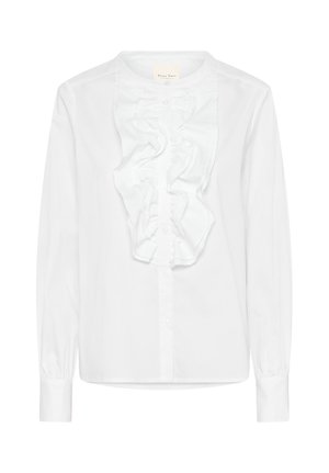 Blusa blanca de manga larga con botones, detalle de volantes en el frente y cuello redondo, hecha de tejido ligero.