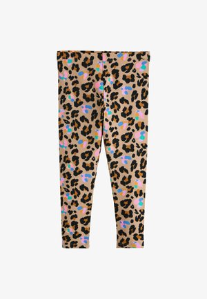 Colanți bej cu pete de leopard negre și maro și accente pastelate colorate în albastru, roz, portocaliu și verde, împrăștiate pe material.