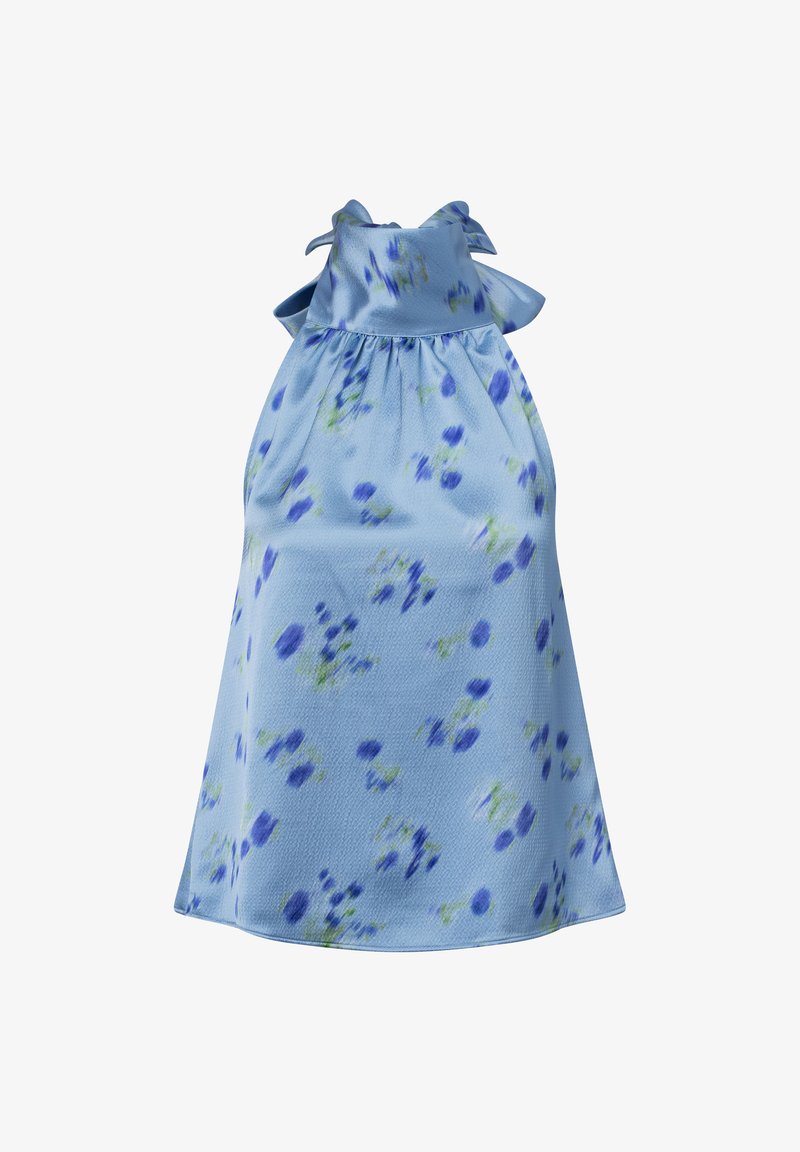 Ärmelloses, hellblaues Neckholderkleid mit gerafftem Hals und kleinem blau-grünem Blumenmuster.