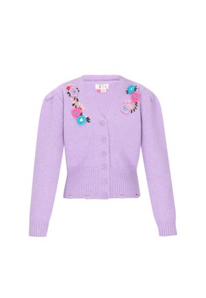 Lavendelfarbenes Cardigan mit langen Ärmeln, geripptem Saum und Knopfverschluss. Verfügt über bunte Blumenstickereien am Halsausschnitt. Weicher Stoff.