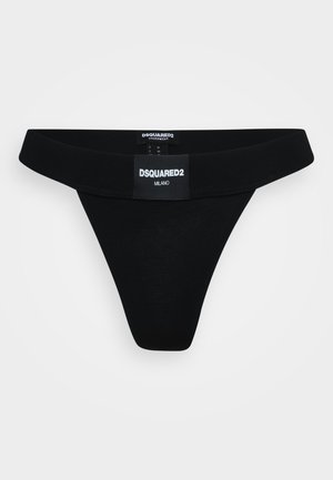 Perizoma nero con una fascia morbida e ampia in vita. Presenta un'etichetta con la scritta "DSQUARED2 MILANO" sul davanti. Texture liscia, design minimale.