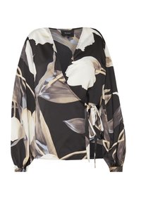 Zwarte blouse met grote beige bloemenpatronen, wikkeldesign, diepe V-hals, lange mouwen met elastische manchetten en een zijstrikdetail.