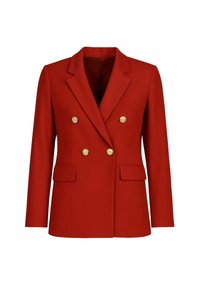 Blazer orange brûlé à double boutonnage avec des boutons dorés, revers, manches longues et poches plaquées à l'avant, présenté sur un fond blanc.