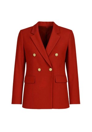 Blazer orange brûlé à double boutonnage avec des boutons dorés, revers, manches longues et poches plaquées à l'avant, présenté sur un fond blanc.