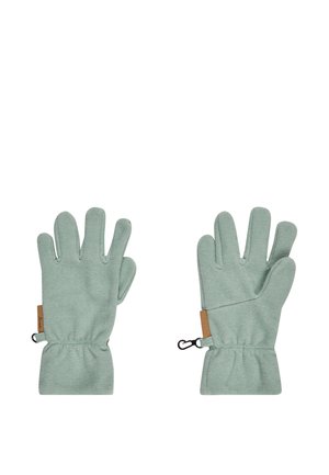 Pair of light green fabric gloves with elastic wrists and small black clip attachments on a white background.