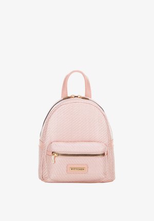 Small pale pink textured backpack with front zip pocket, gold zipper pulls, and a top handle.
