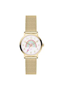 La montre avec bracelet en maille dorée présente un cadran rond blanc avec un motif arc-en-ciel rose et vert, des index horaires dorés et un petit cœur à six heures.