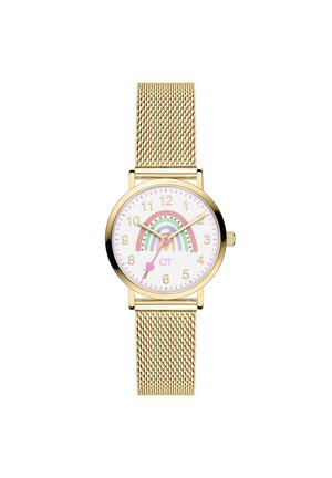 La montre avec bracelet en maille dorée présente un cadran rond blanc avec un motif arc-en-ciel rose et vert, des index horaires dorés et un petit cœur à six heures.