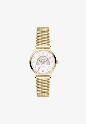 Gouden mesh horloge met een ronde witte wijzerplaat met een roze en groene regenboogdesign, gouden uuraanduiders en een klein hartje op zes uur.