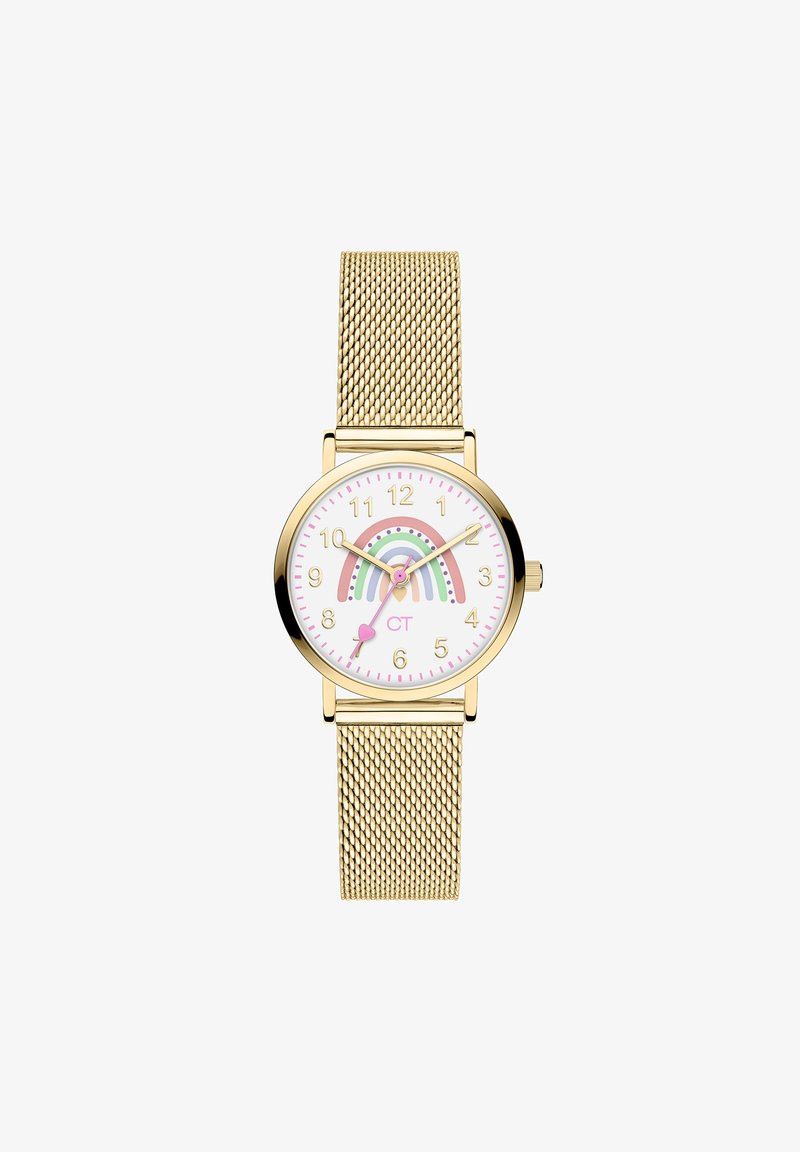 Gouden mesh horloge met een ronde witte wijzerplaat met een roze en groene regenboogdesign, gouden uuraanduiders en een klein hartje op zes uur.