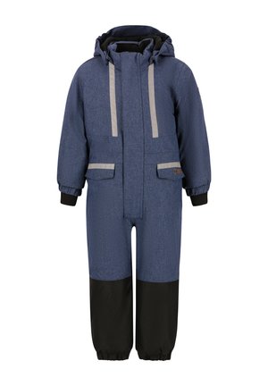 Combinaison de neige matelassée bleu marine avec capuche, comportant des bandes réfléchissantes grises, deux poches frontales et des accents noirs sur les jambes et les poignets.