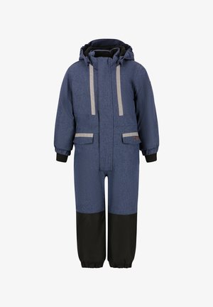 Dunkelblauer gepolsterter Schneeanzug mit Kapuze, ausgestattet mit grauen reflektierenden Streifen, zwei vorderen Taschen und schwarzen Akzenten an den Beinen und Bündchen.