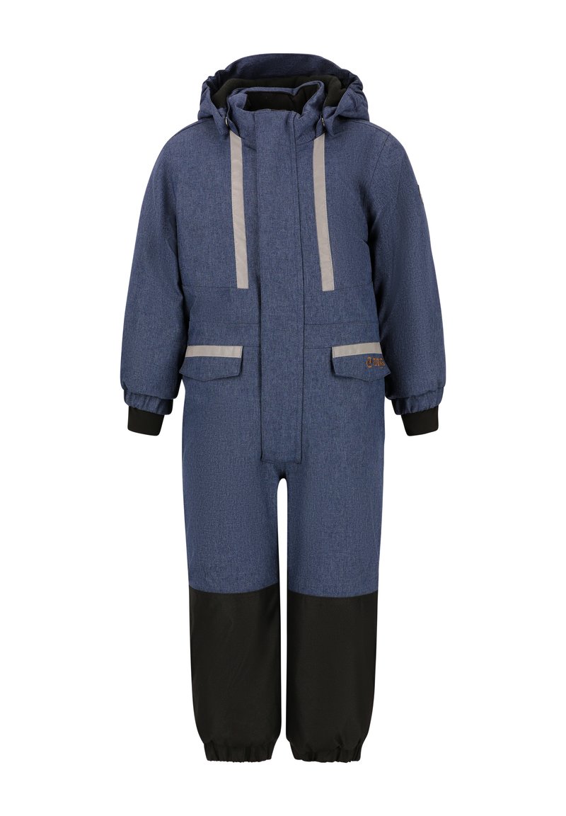 Combinaison de neige matelassée bleu marine avec capuche, comportant des bandes réfléchissantes grises, deux poches frontales et des accents noirs sur les jambes et les poignets.