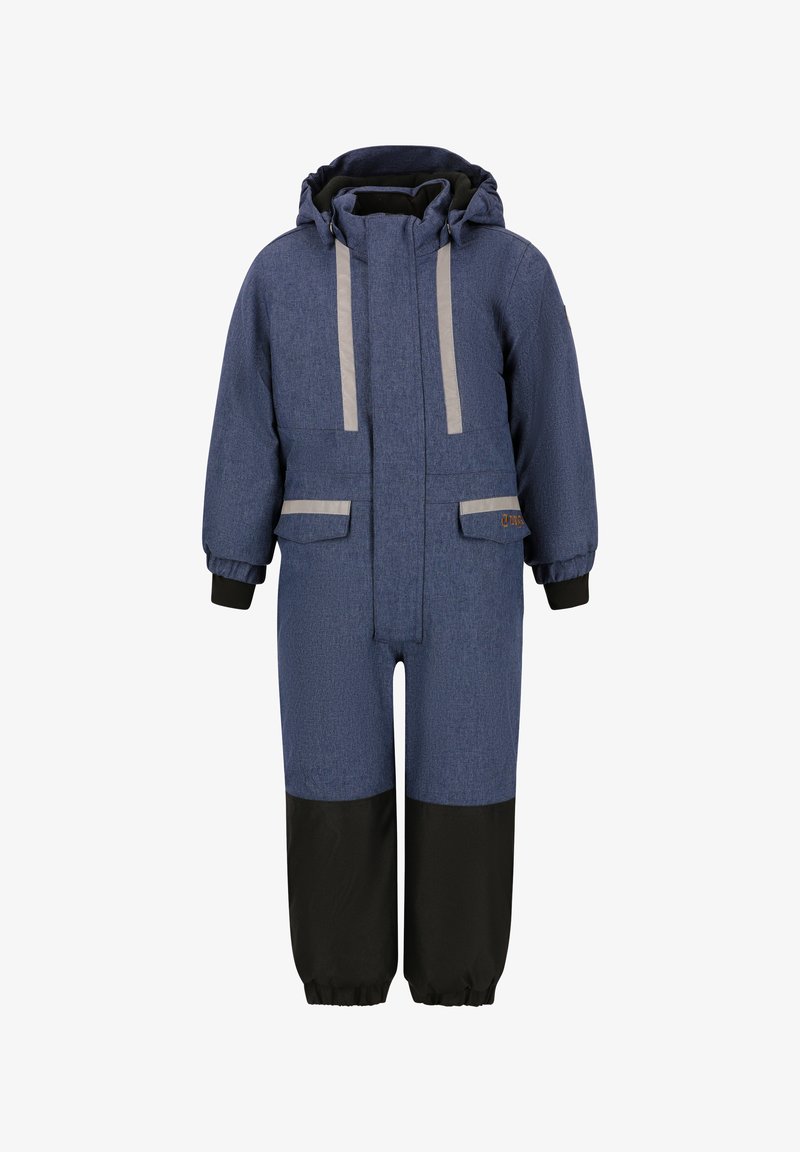 Dunkelblauer gepolsterter Schneeanzug mit Kapuze, ausgestattet mit grauen reflektierenden Streifen, zwei vorderen Taschen und schwarzen Akzenten an den Beinen und Bündchen.