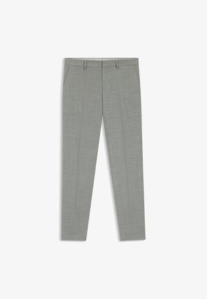 Pantaloni grigi su misura con tessuto strutturato, caratterizzati da una parte frontale piatta, due tasche laterali e un design slim fit.
