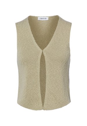 Gilet sans manches beige tricoté avec un col en V profond et une ouverture devant, tissu texturé, étiquette "EDITED" à l’intérieur du col.